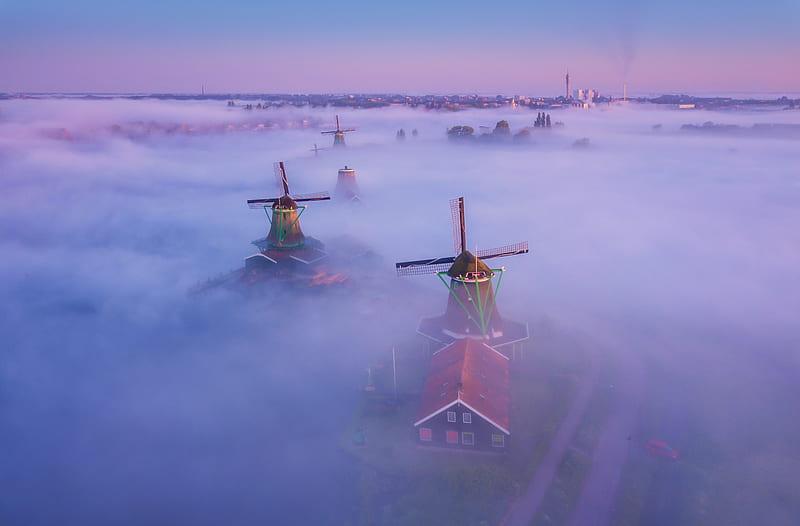 Netherlands Traditional Windmills Fog Ultra, Europe, Netherlands, Nature, Windmills, Mist, Foggy, amsterdam, History, earlymorning, zaanseschans, HD wallpaper