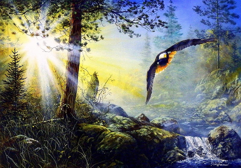 -Wings in the Mist-, wings, draw and paint, eagle, sunbeams, love four seasons, birds, creek, rays light, paintings, flying, hunt, forests, animals, HD wallpaper