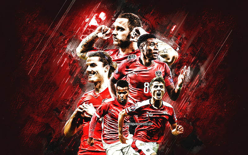 Austria national football team, red stone background, Austria, football, Marko Arnautoviс, David Alaba, grunge art, HD wallpaper