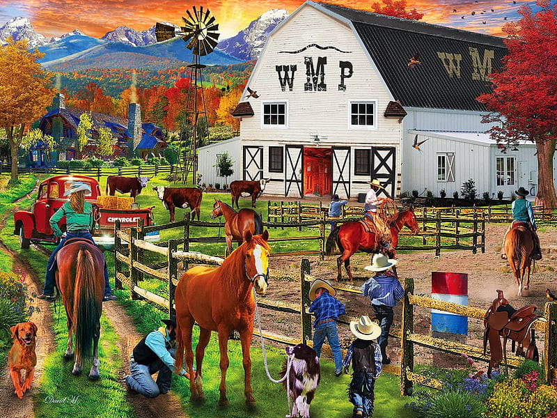 Rancho de vacaciones, gente, valla, caballos, granero, pintura, montañas,  Fondo de pantalla HD | Peakpx