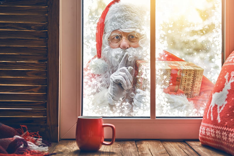 Santa, red, window, craciun, christmas, cup, man, old, HD wallpaper