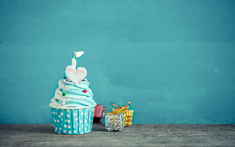 Happy Birtay, blue cupcake, blue cream, sweets, candle, congratulation, birtay cake, HD wallpaper