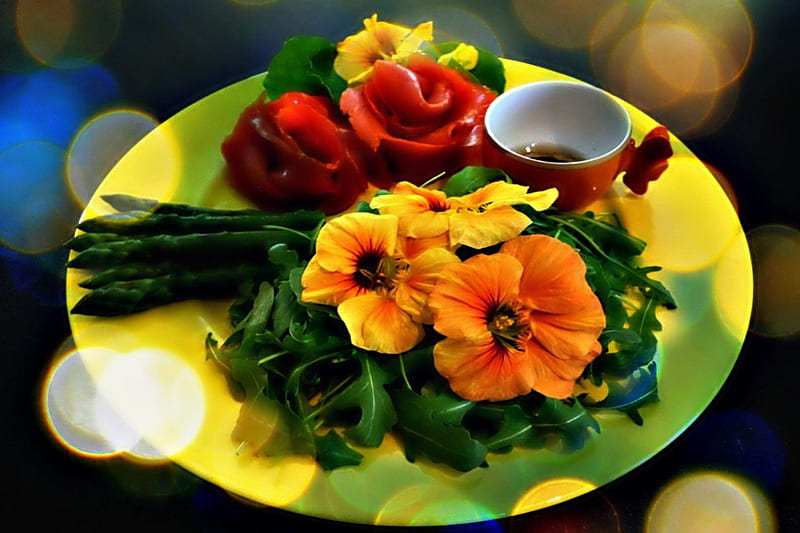 BEAUTIFUL & EDIBLE, dinner, food, eats, flowers, plates, desserts, edible, HD wallpaper
