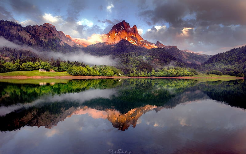 mountain lake, sunset, mountain, forest, mountain landscape, clouds, fog, HD wallpaper