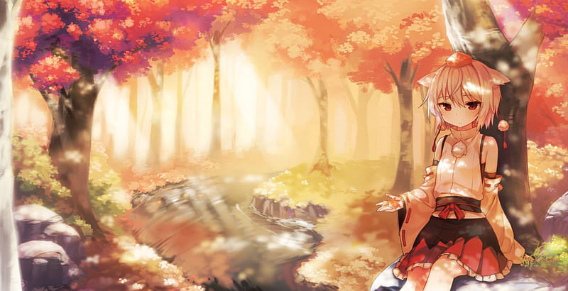 ~Inubashiri Momiji~, forest, autumn, water, animal ears, anime, touhou, inubashiri momiji, HD wallpaper