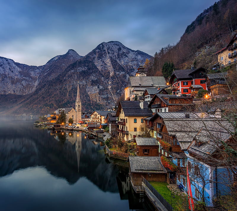 European, austria, euro, europe, lake, mountain, town, HD wallpaper