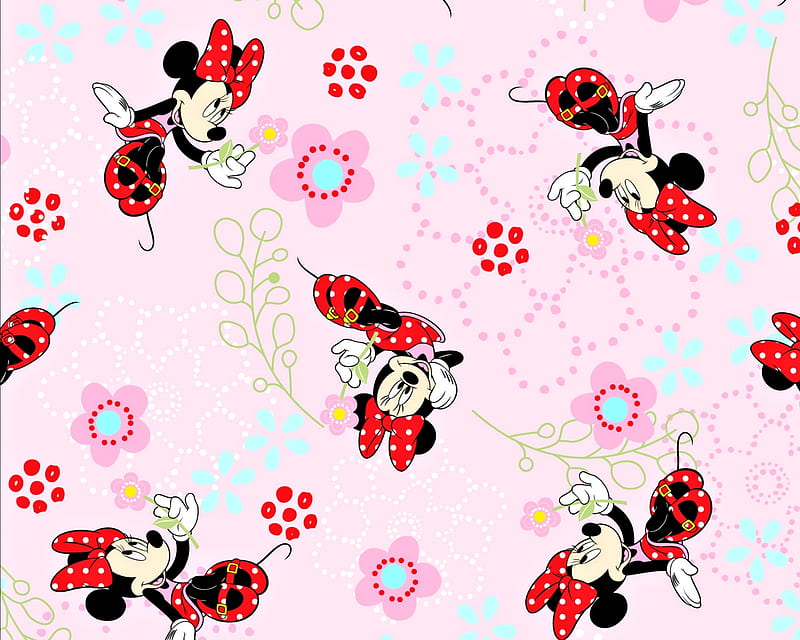 Texture, pattern, red, bow, mouse, flower, child, paper, minnie, pink, disney, HD wallpaper