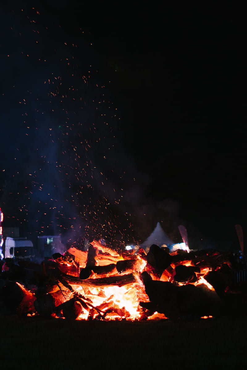 bonfire, fire, sparks, night, camping, HD phone wallpaper