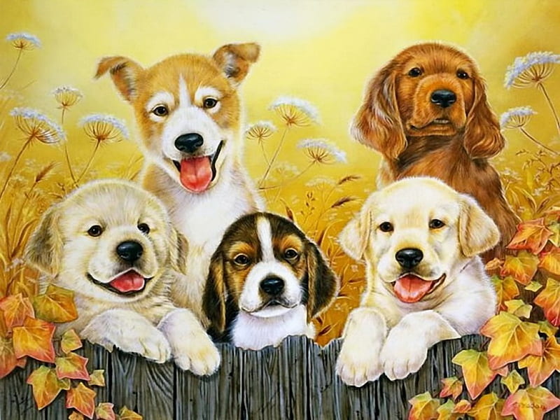 Sweet friends, art, bonito, adorable, smiling, sweet, cute, leaves, puppies, painting, flowers, garden, dogs, wood, HD wallpaper