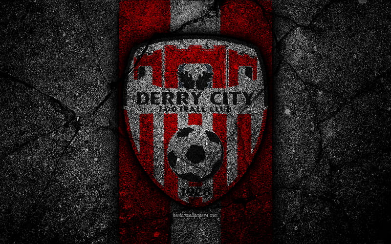Derry City FC, logo, Ireland Premier Division, black stone, soccer, Ireland, football club, Irish Premier League, Derry City, IPD, asphalt texture, FC Derry City, HD wallpaper