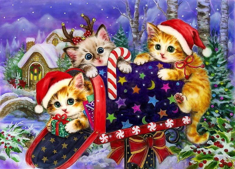 Christmas Mailbox, snow, kitten, winter, christmas, village, painting, HD wallpaper