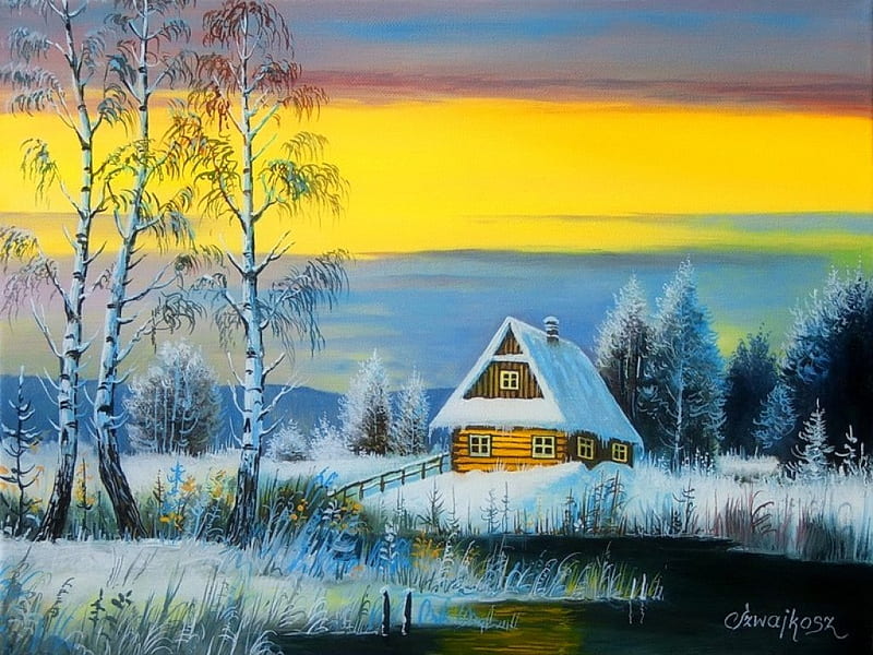 Winter house, art, house, cottage, sunset, trees, sky, lake, winter, cold, snow, painting, ice, peaceful, frost, HD wallpaper