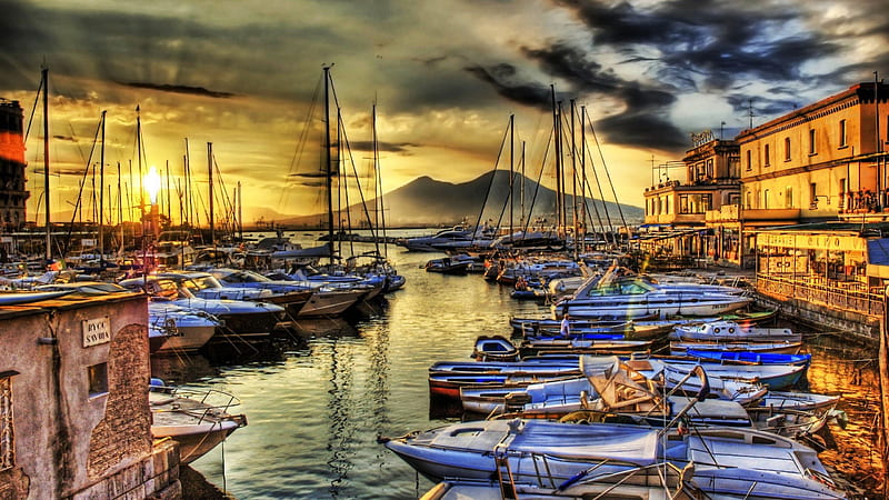 Naples, Italy, city, water, Harbor, sunset, sea, HD wallpaper