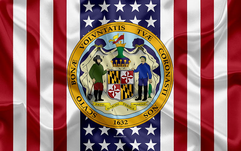 Maryland, USA American state, Seal of Maryland, silk texture, US states, emblem, states seal, American flag, HD wallpaper