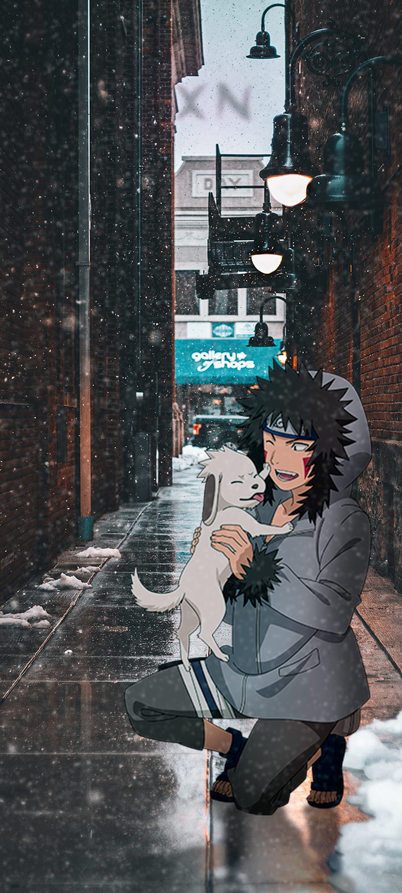 Kiba and Akamaru, aesthetic, anime, friends, naruto, naruto shippuden, snow, town, HD phone wallpaper