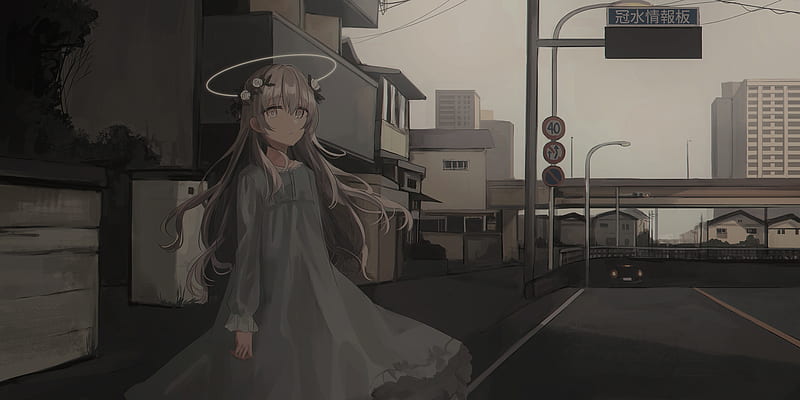 angel ring, anime girl, gloomy theme, road, Anime, HD wallpaper
