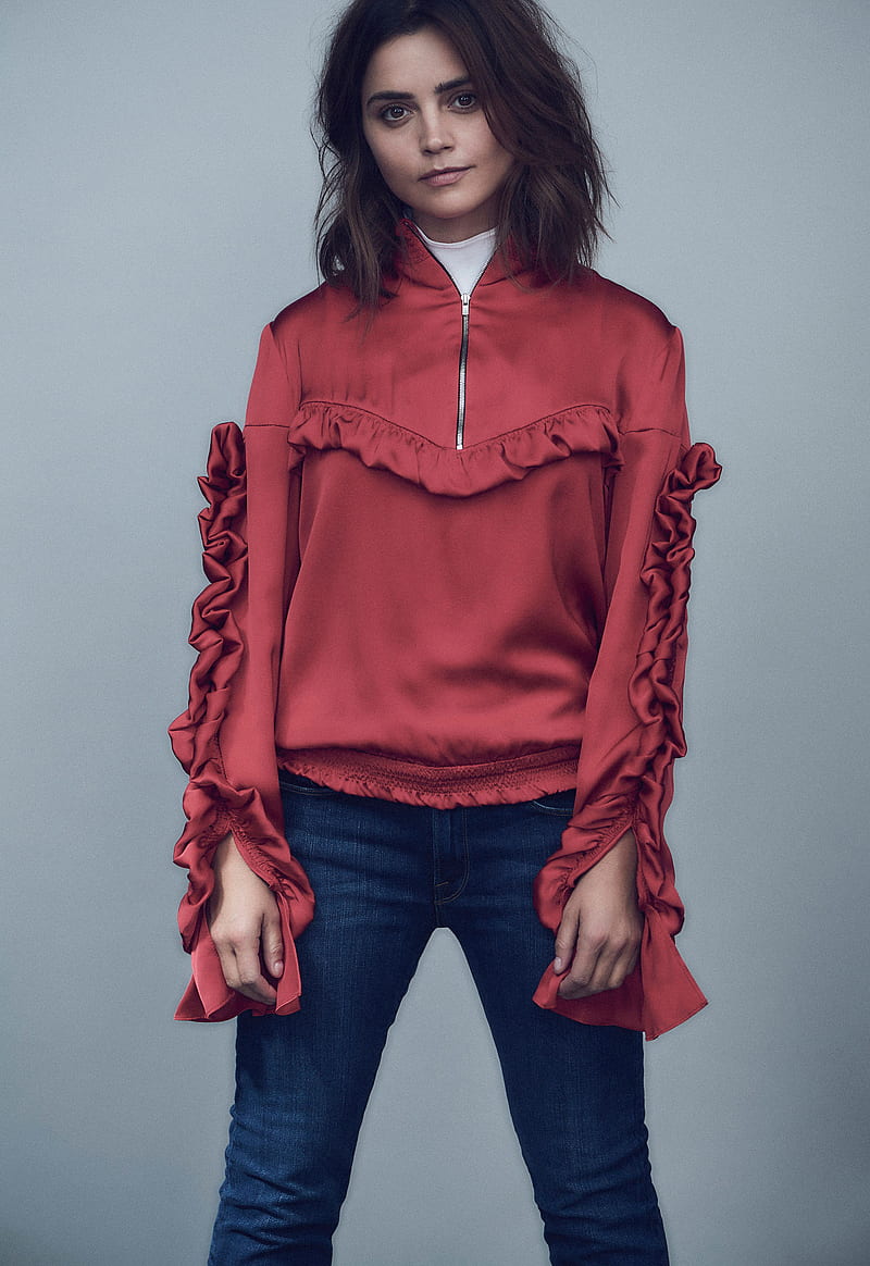 women, actress, brunette, jeans, simple background, blue background, red shirt, Jenna Louise Coleman, HD phone wallpaper