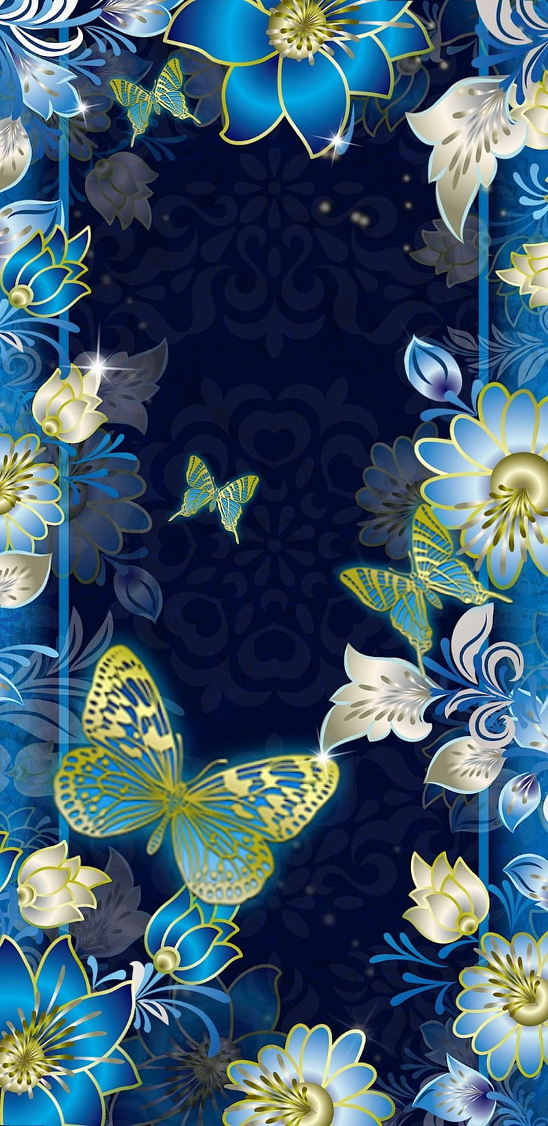 Garden At Night, blue, butterfly, floral, flower, pretty, HD phone wallpaper