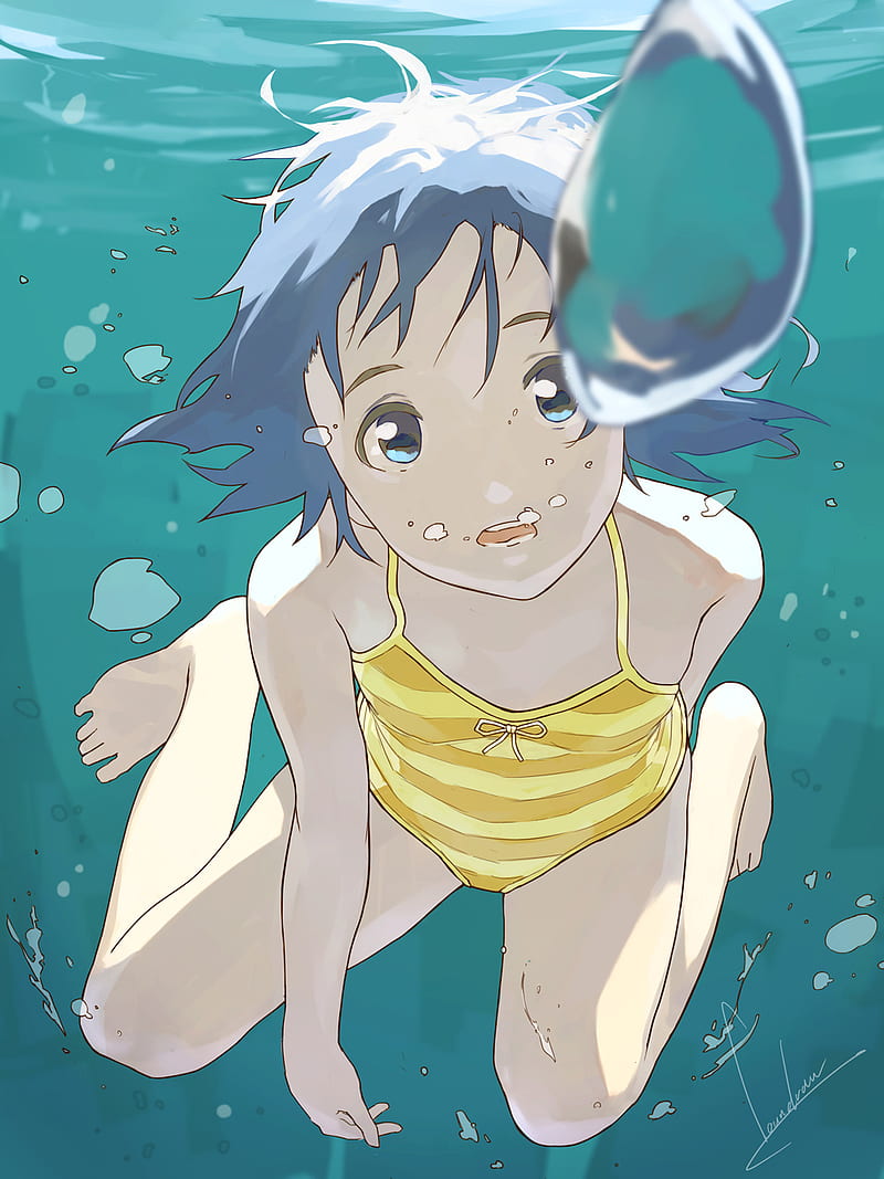 Girl underwater, anime, bathing suit, bubbles, creepyloli, loli, short hair, swimming, water, HD phone wallpaper