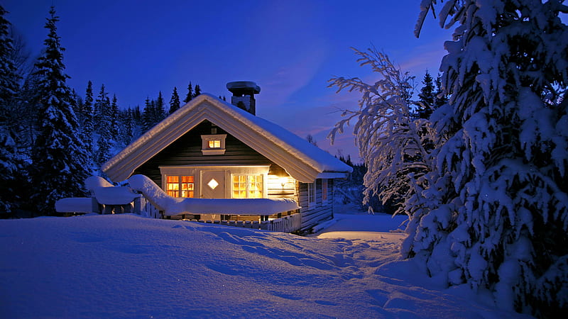 winter cabin, Snow, Light, Sky, House, Night, HD wallpaper