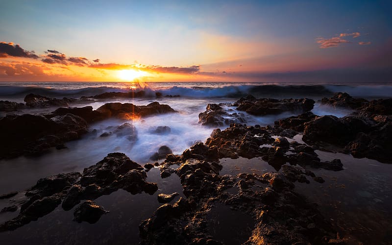 Coast Beach Reef Sunrise Sunlight Reunion Island, HD wallpaper