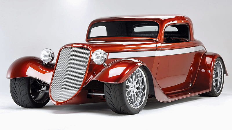 Street Hot Rod 1934 Ford Coupe, Red, Headlamps, White Stripe, Grill, Wheels, Wheel Covers, Front End, Tires, Low Rider, HD wallpaper