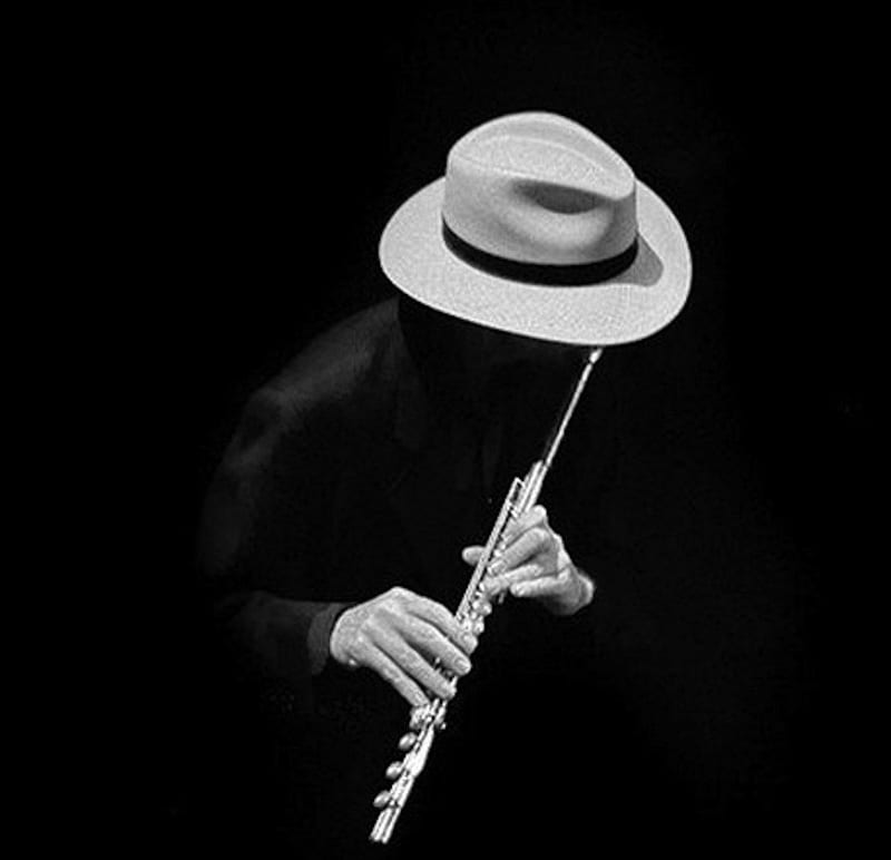 Musician, black and white, flute, hat, HD wallpaper
