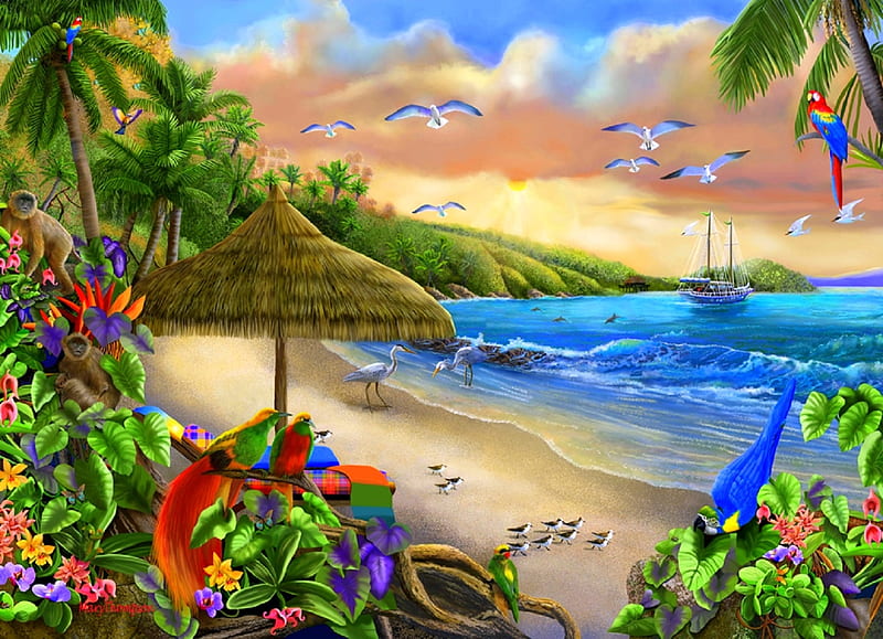 Paradise Beach, islands, flying birds, love four seasons, birds, attractions in dreams, sea, paintings, macaws, paradise, beaches, summer, flowers, nature, sailboat, HD wallpaper