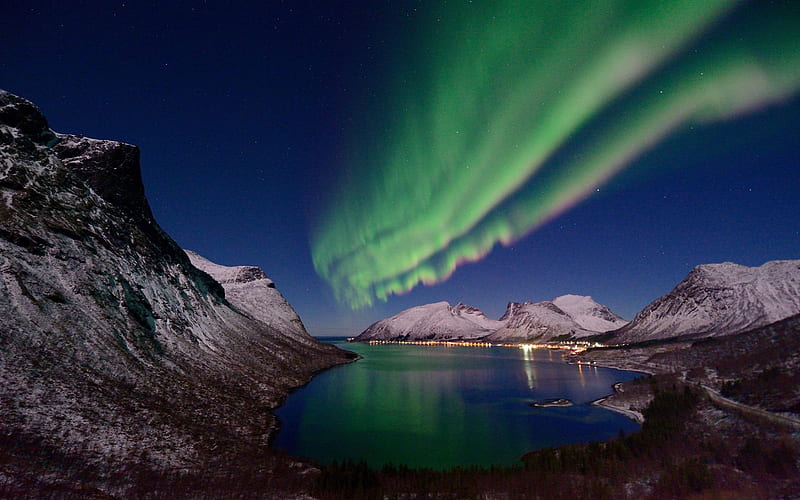 Senja Island, Northern Norway, northern lights, night, mountains, sea, scandinavia, HD wallpaper