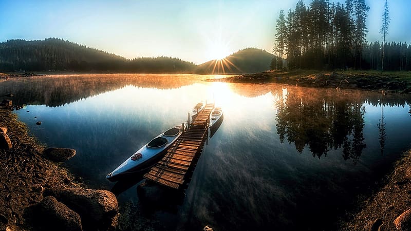 Shiroka Polyana Reservoir, Rhodope Mountains, Bulgaria, trees, boat, water, reflections, landscape, HD wallpaper