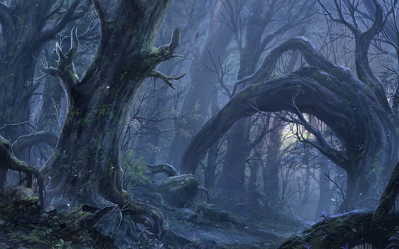 gothic landscape, dark forest, bushes, artwork, Fantasy, HD wallpaper