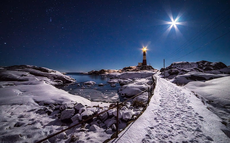 lighthouse, snow, blue sky, winter, moonlight, HD wallpaper
