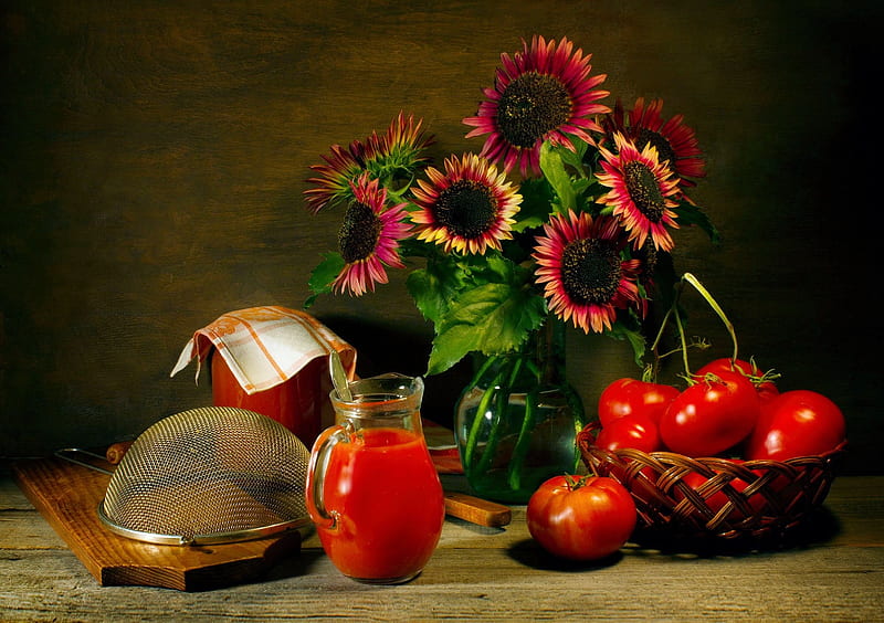 Still Life, tomatoes, blossoms, juice, sunflowers, scree, HD wallpaper