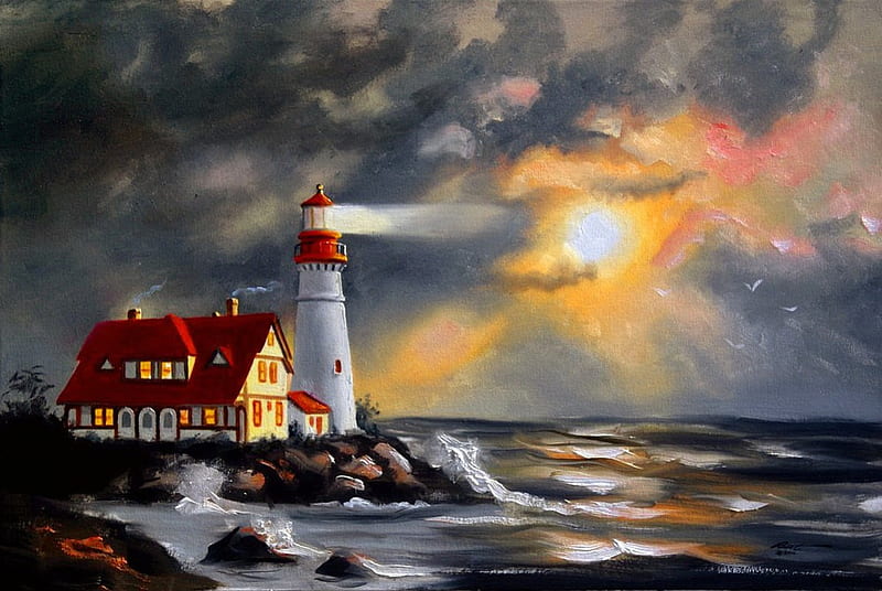 Lighthouse, pretty, shore, lovely, dusk, bonito, waves, sky, arty, sea, painting, peaceful, evening, light, coast, night, HD wallpaper