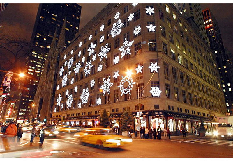 Saks Fifth Avenue, big, beautiful corner, store, saks, lights, gifts, HD wallpaper