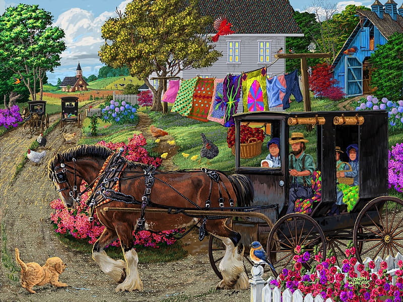 Amish Buggy Ride, farm, house, buggy, puzzle, amish, HD wallpaper