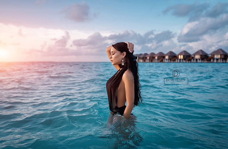 Angelina Petrova, babe, model, ocean, sunset, woman, sea, water, lady, HD wallpaper