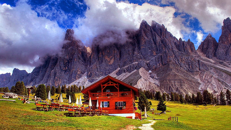 Restaurant chalet in the Italian Dolomites, dolomites, nature, cabin, trees, valley, chalet, clouds, alps, italian, mountains, village, HD wallpaper