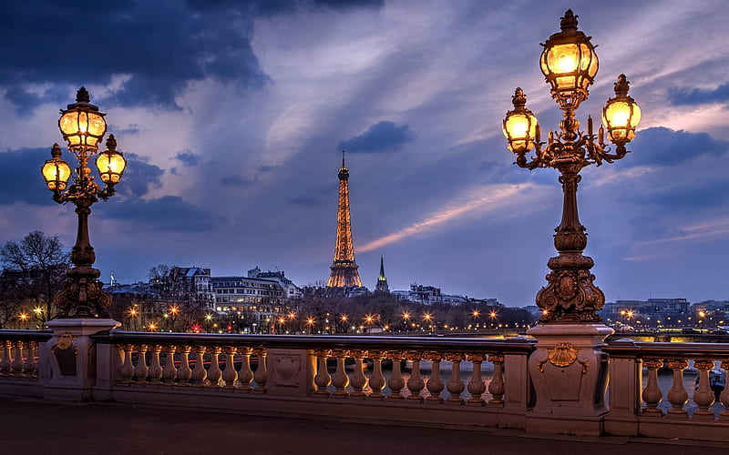 Evening in Paris, bridge, Paris, France, evening, lights, HD wallpaper