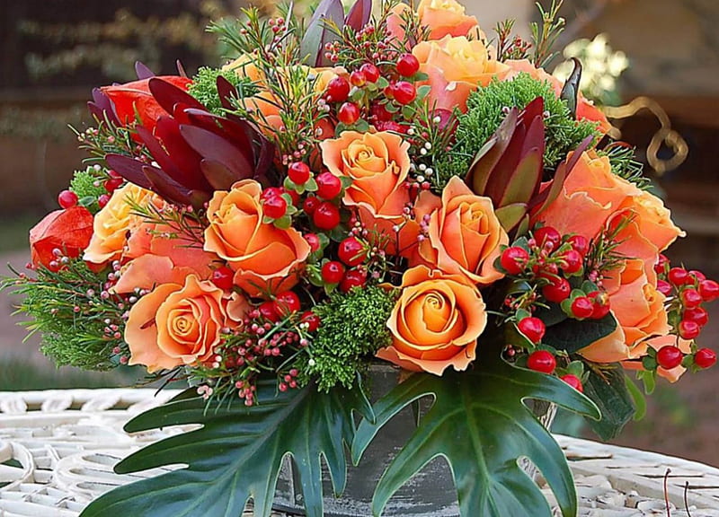 Colour me AUTUMN, service, autumn, orange, florist, roses, delivers, green, bouquet, magnificent, HD wallpaper