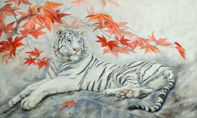 White tigress, red, art, autumn, luminos, orange, tiger, irenadem, animal, leaf, fantasy, painting, asian, chinese, tigru, white, pictura, HD wallpaper