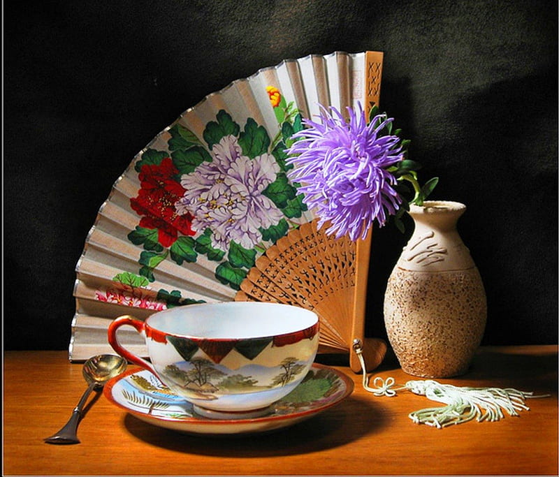 Oriental still life, red, art, model, vase, abstract, tea, still life, graphy, purple, oriental, tasty, cup, flower, natural, porcelain, HD wallpaper
