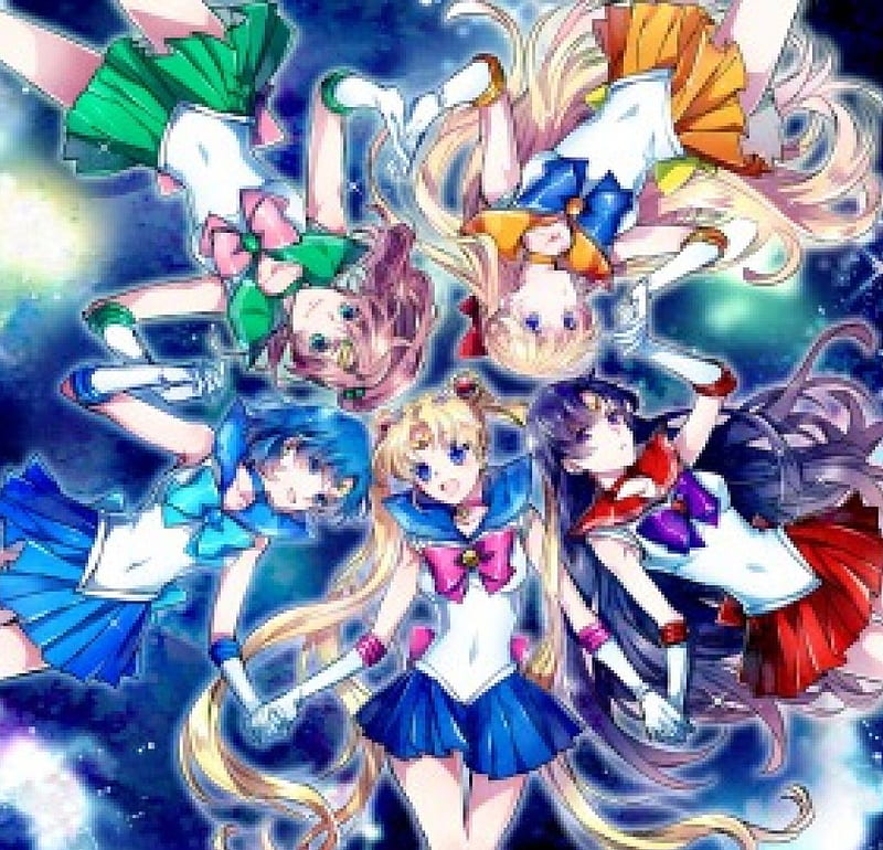 Inner Senshi, stars, sailor venus, holding hands, sailor mars, sailor moon, sailor mercury, sailor jupiter, HD wallpaper