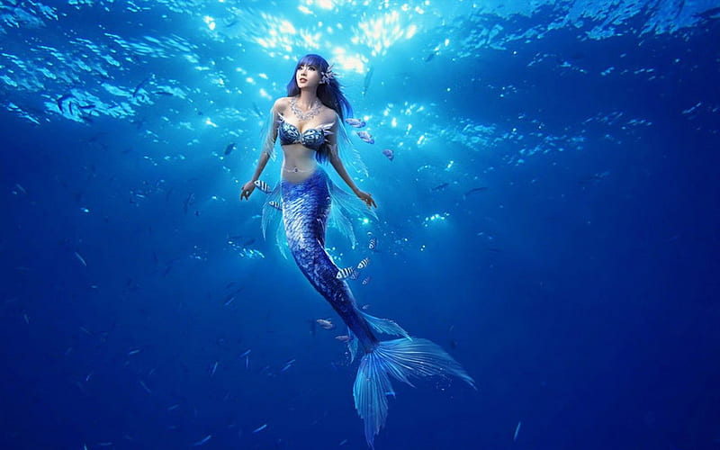 Mermaid, fantasy, water, tail, woman, HD wallpaper