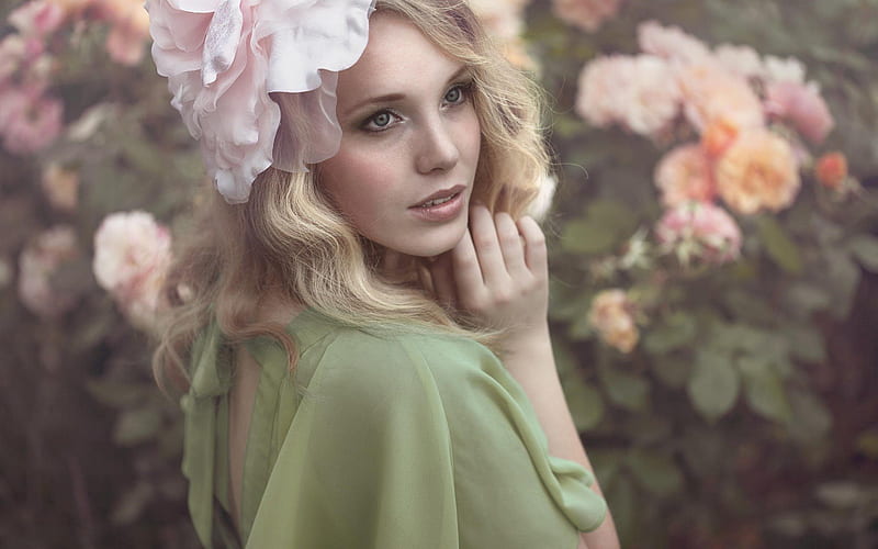 flowers, blonde, beautiful girl, spring, model, HD wallpaper