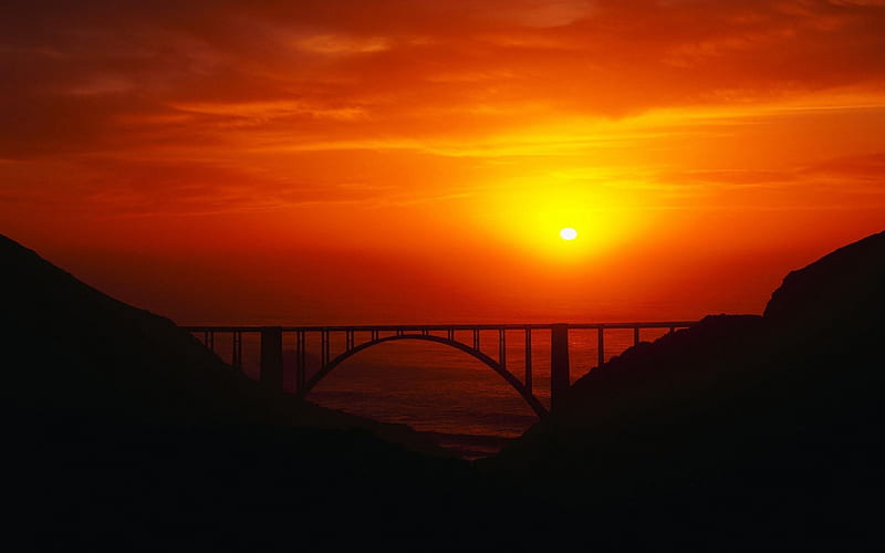 beautiful sunset on coastal highway bridge, highway, bridge, gorge, sunset, sea, HD wallpaper