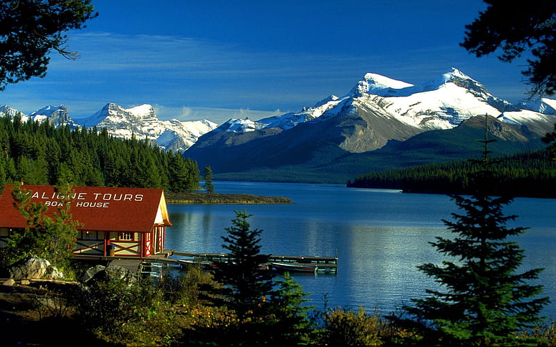 Boat House At Maligne Lake, Jasper National Park, alberta, trees, mountains, canada, sky, HD wallpaper