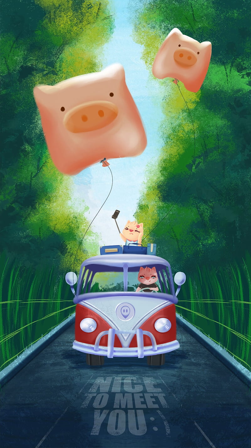 pigs, van, road, travel, art, HD phone wallpaper