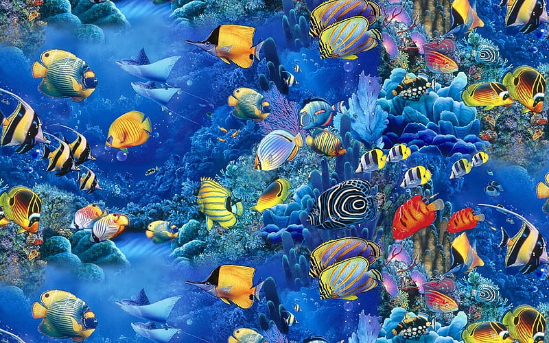 Underwater, colorful, art, luminos, fish, ocean, sea, fantasy, adrian chesterman, summer, HD wallpaper