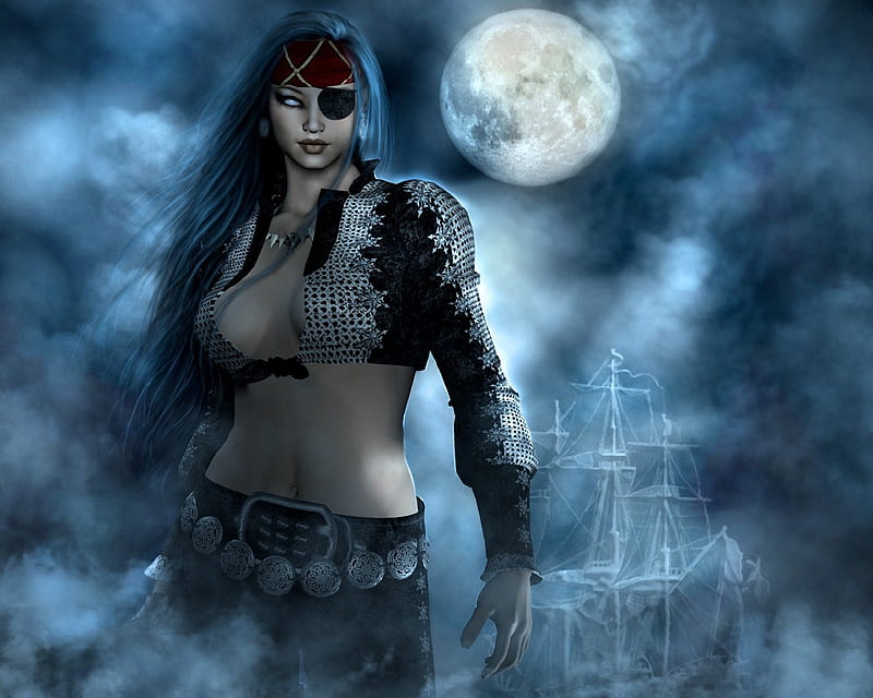 Captain Of The Lost Souls, moon, ship, woman, patch, fog, HD wallpaper